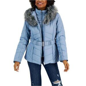 Maralyn & Me FROZEN BLUE Juniors' Faux-Fur Hooded Belted Puffer Jacket, Medium